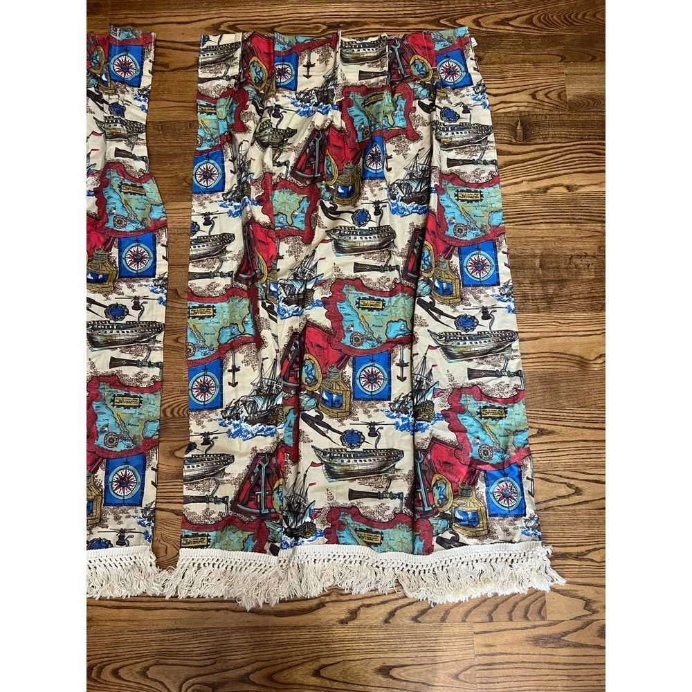 Vintage JC Penny Nautical Map Curtains 2 Panels Folk Art Americana 27x50